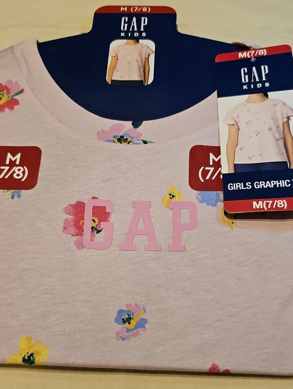 NWT Size M 7/8 Girls GAP Kids Light Pink Floral Logo Tee